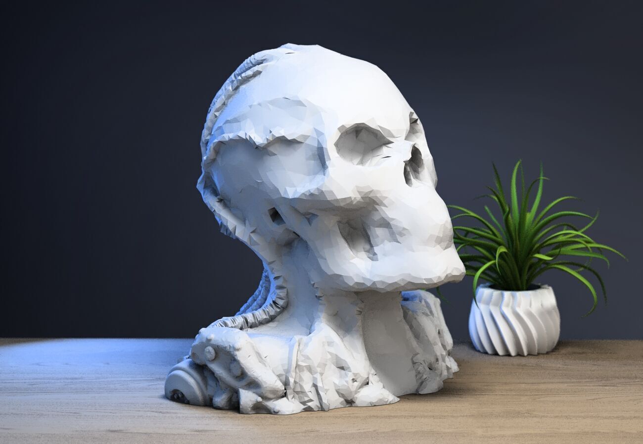 Low-poly Robot Skull Headphone Stand Cyborg Headset Stand 3D print model_2