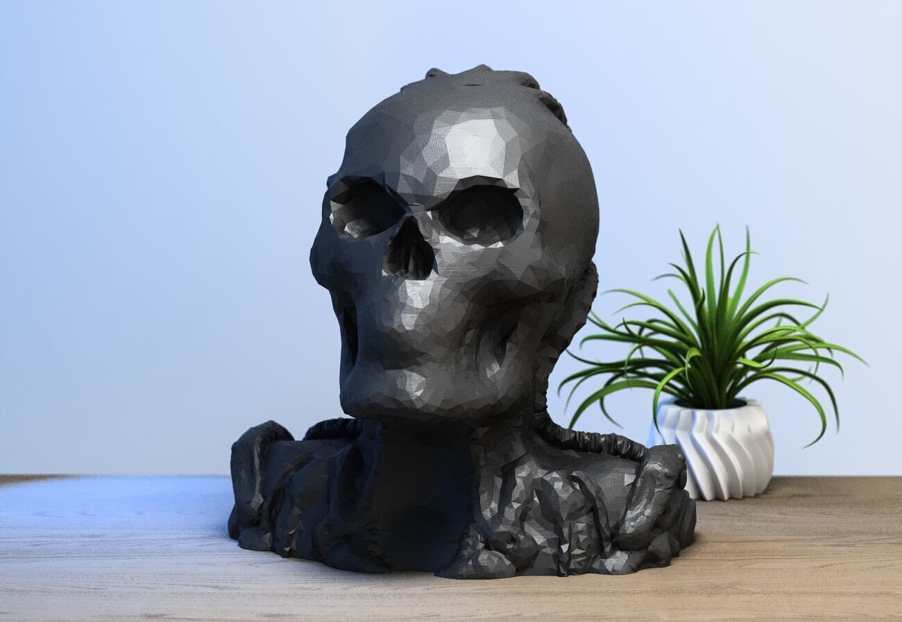 Low-poly Robot Skull Headphone Stand Cyborg Headset Stand 3D print model_1