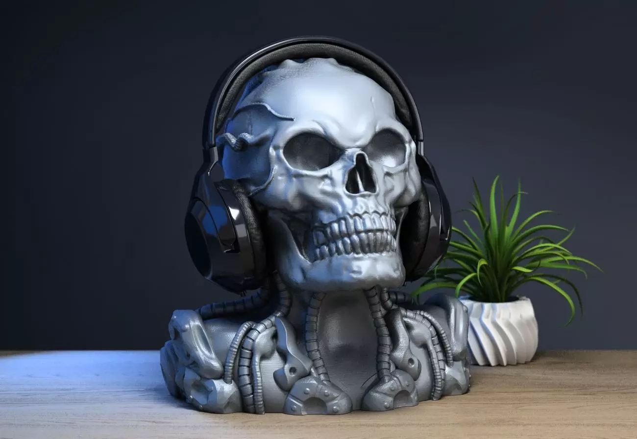 Robot Skull Headphone Stand Cyborg Headset Stand 3D print model_0