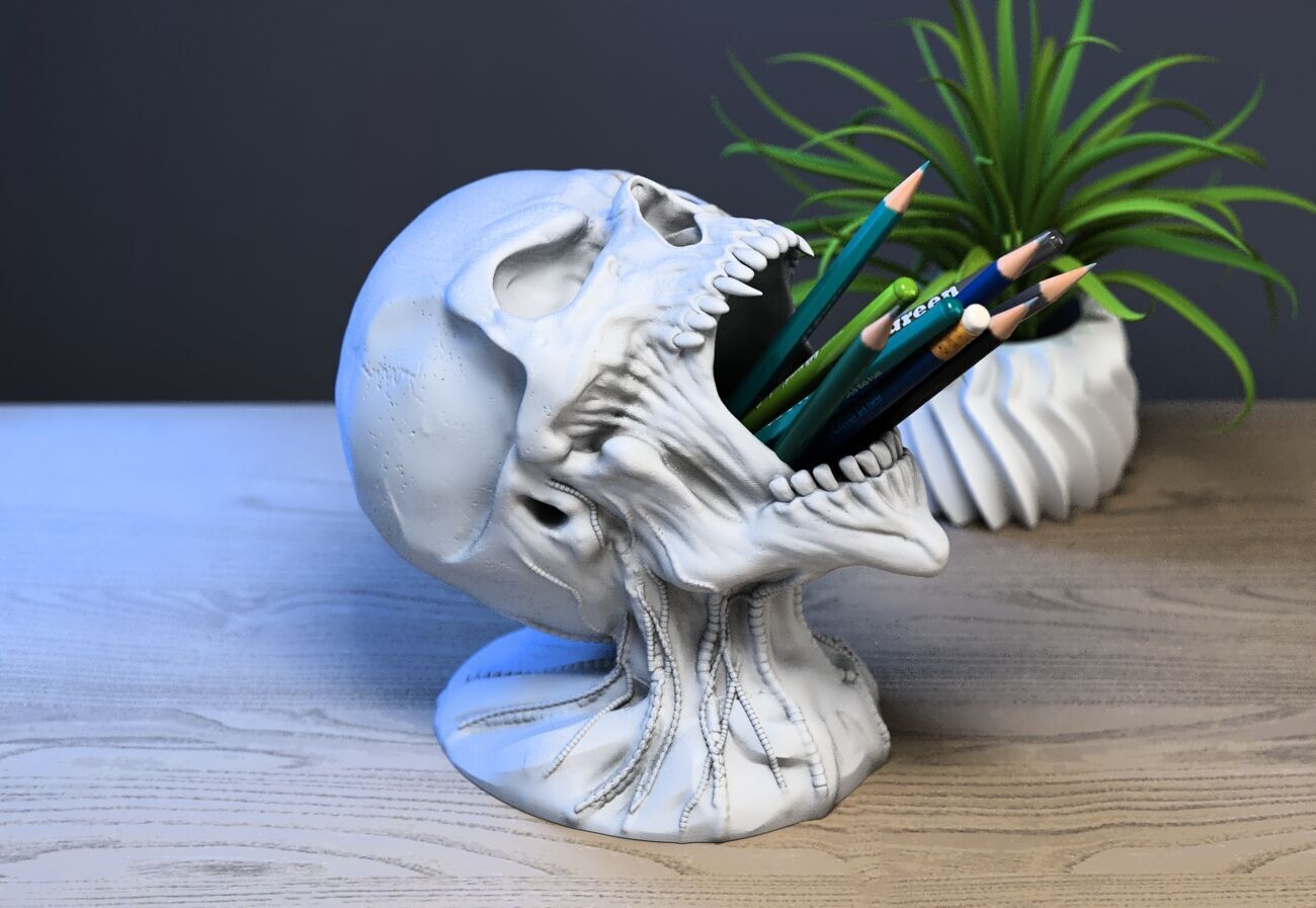 Robot Skull pen holder Cyborg pen holder 3D print model_3