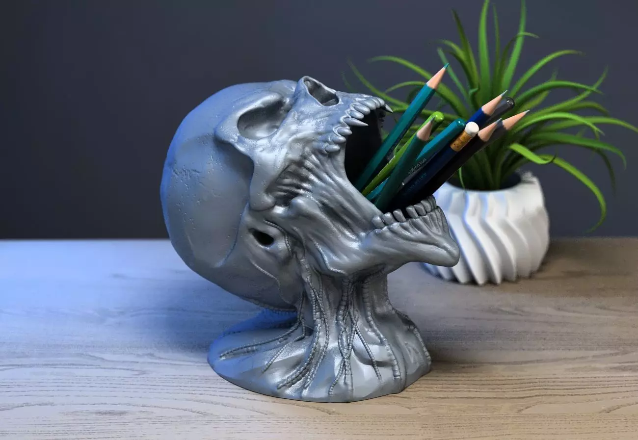 Robot Skull pen holder Cyborg pen holder 3D print model_0