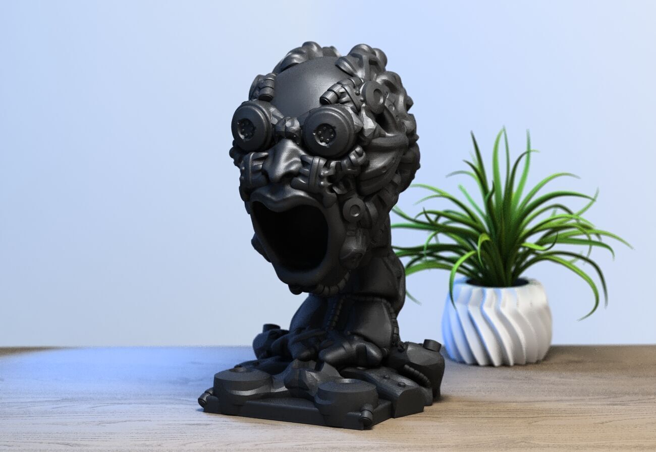 Robot Skull Headphone Stand Cyborg Headset Stand 3D print model_3