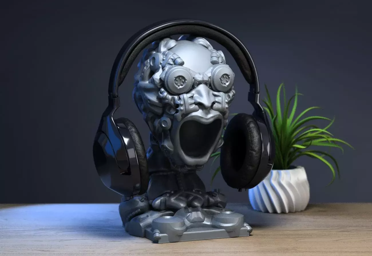 Robot Skull Headphone Stand Cyborg Headset Stand 3D print model_0
