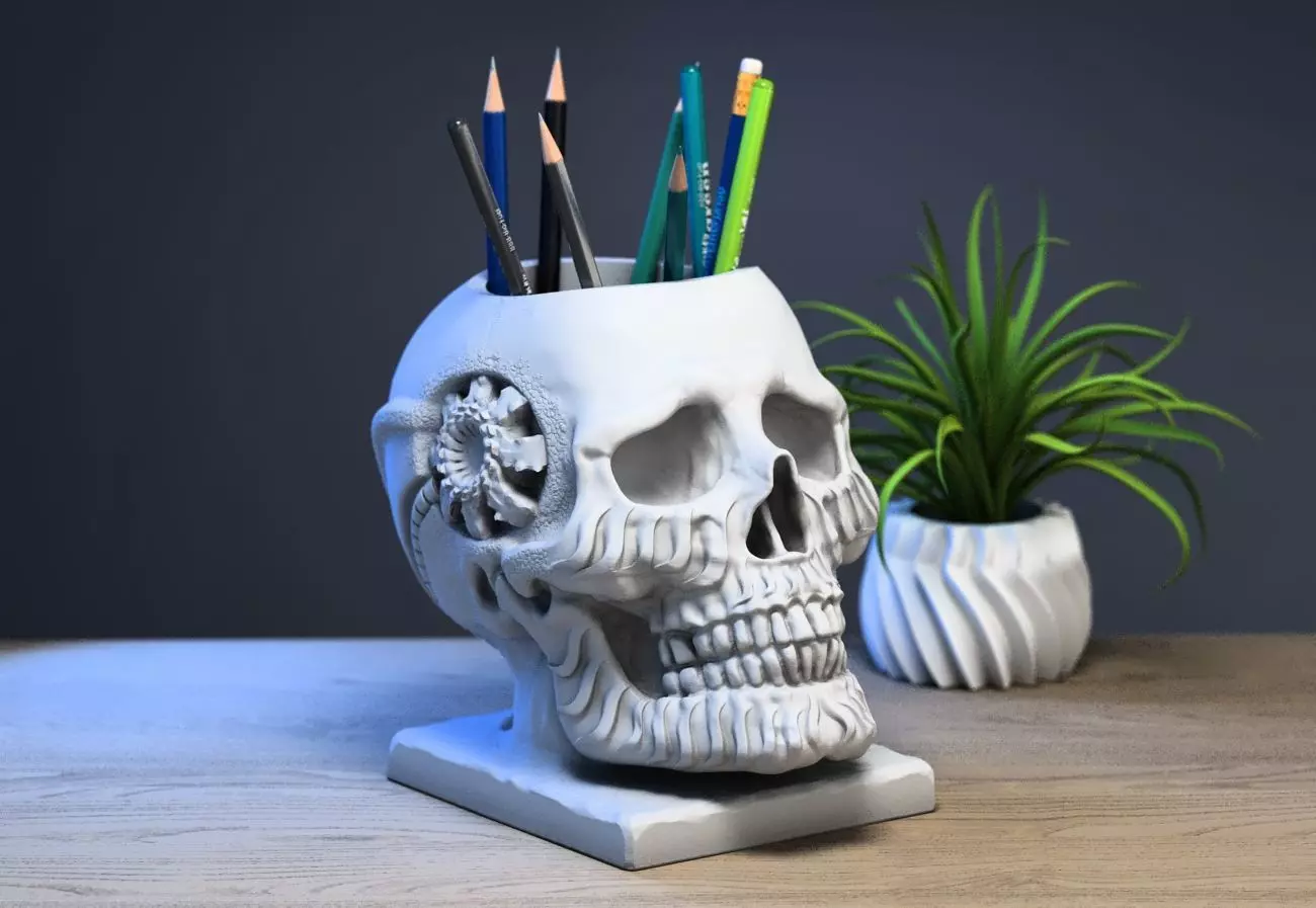 Robot Skull pen holder  Cyborg pen holder 3D print model_0