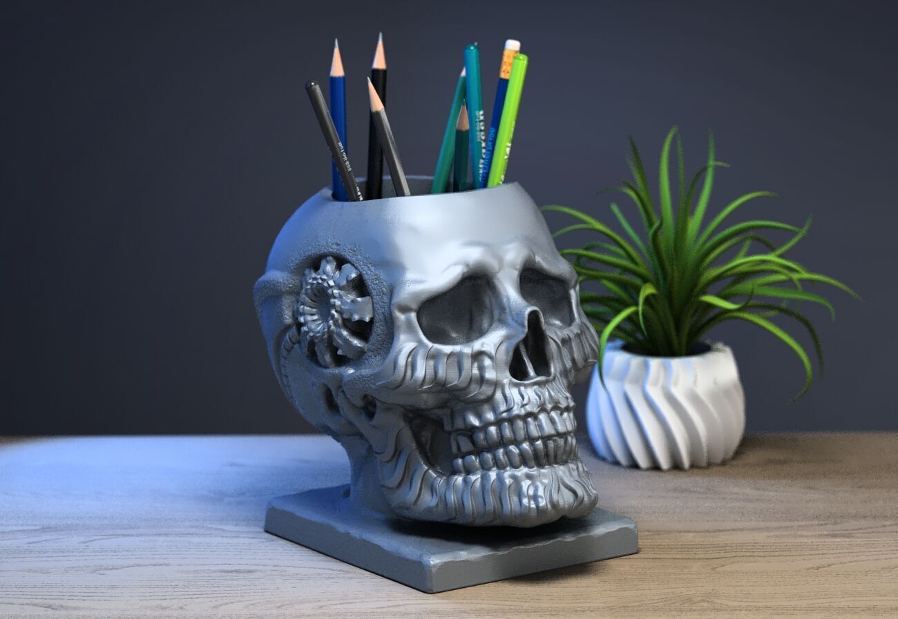 Robot Skull pen holder  Cyborg pen holder 3D print model_3