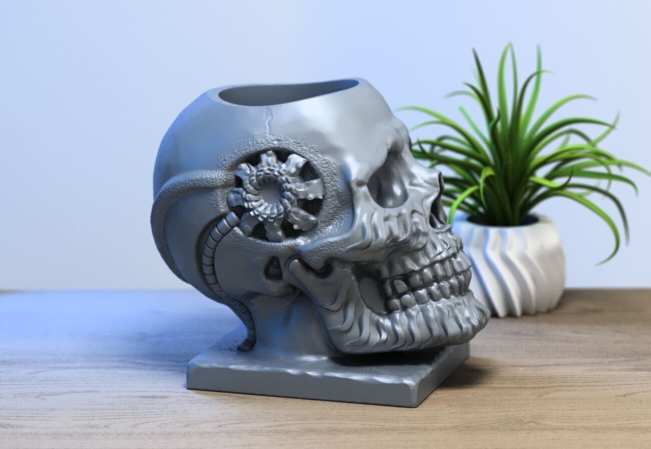 Robot Skull pen holder  Cyborg pen holder 3D print model_1