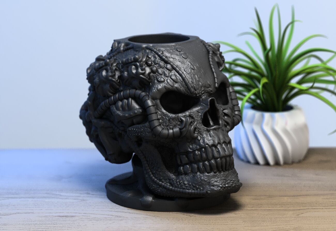 Robot Skull pen holder  Cyborg pen holder 3D print model_3