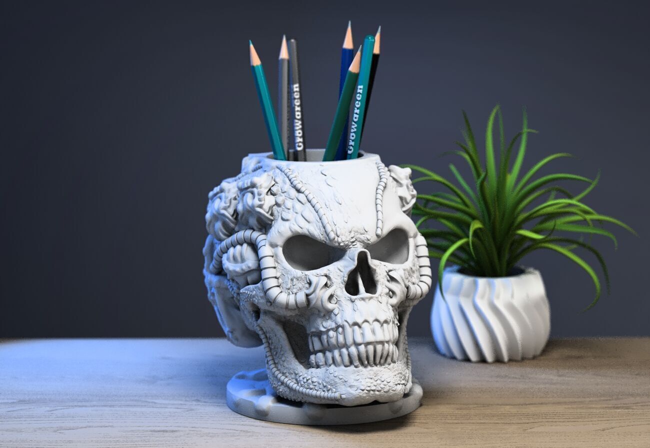 Robot Skull pen holder  Cyborg pen holder 3D print model_1