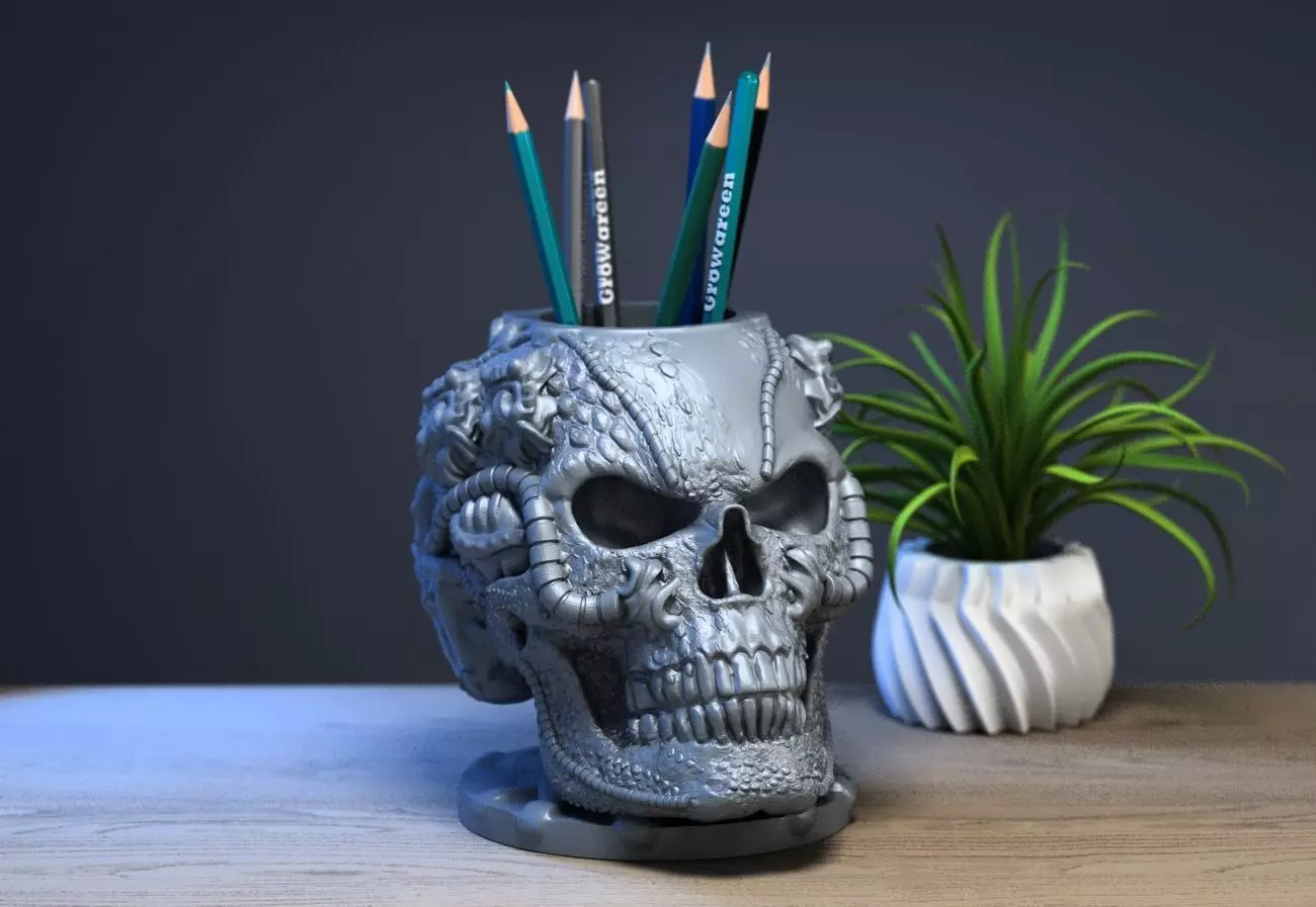 Robot Skull pen holder  Cyborg pen holder 3D print model_0