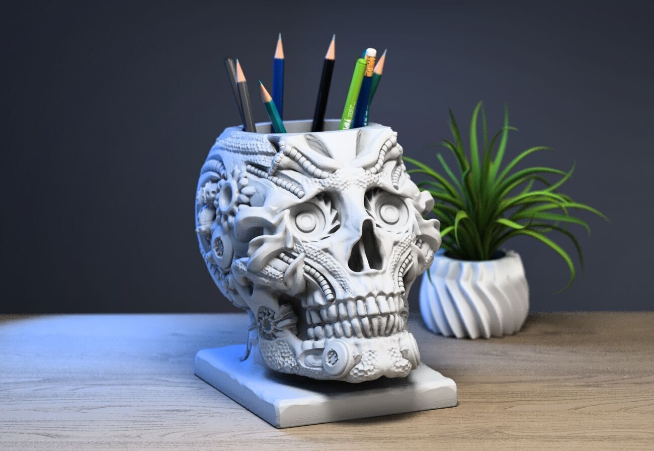 Robot Skull pen holder Cyborg pen holder 3D print model_1