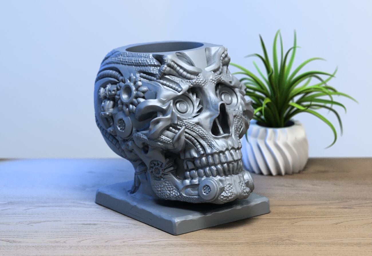 Robot Skull pen holder Cyborg pen holder 3D print model_2