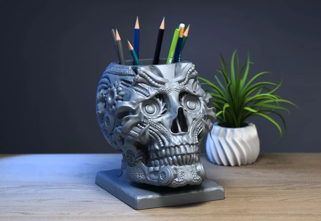 Robot Skull pen holder Cyborg pen holder 3D print model_0
