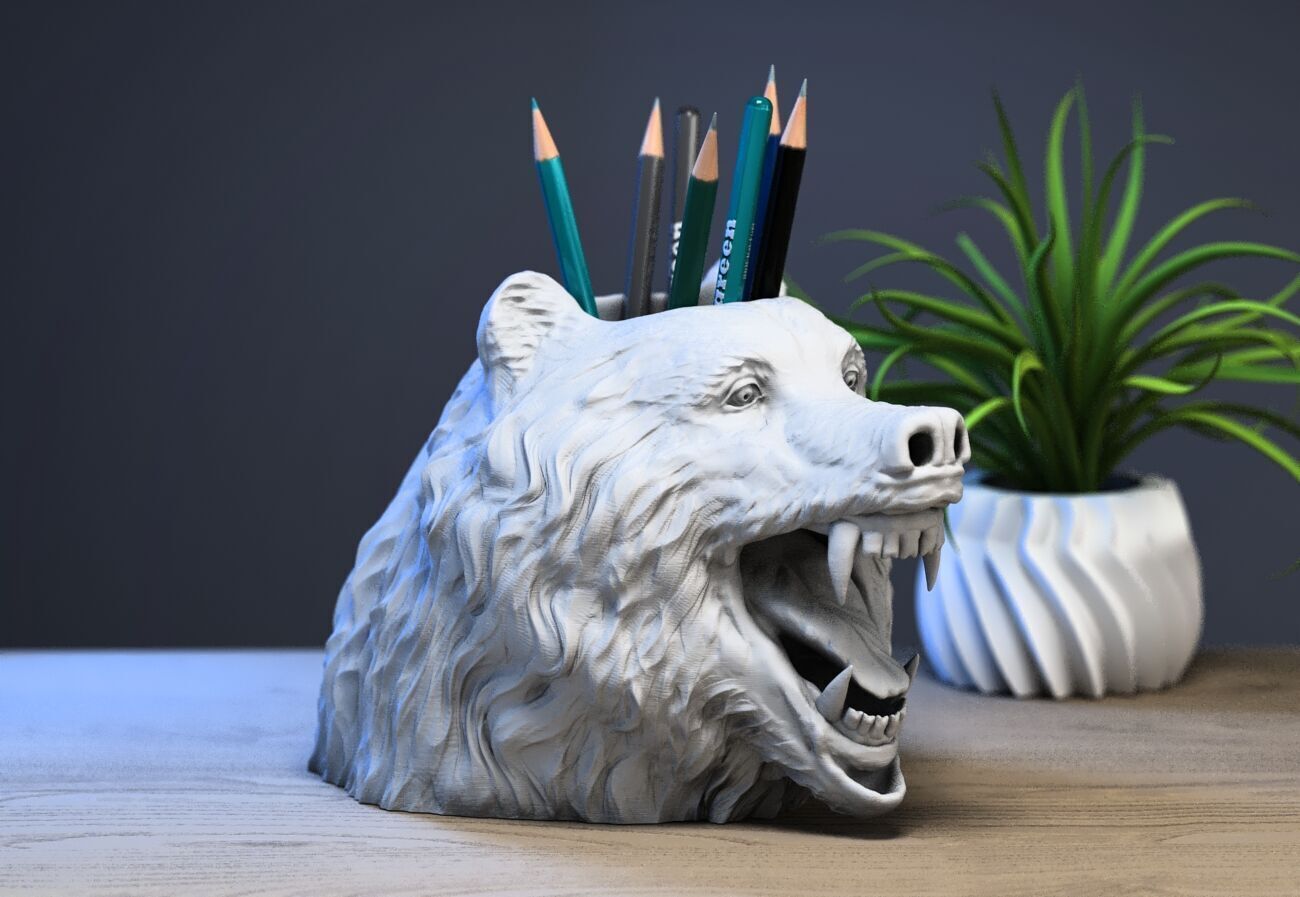 Bear head pen holder Wild bear pen holder 3D print model_1