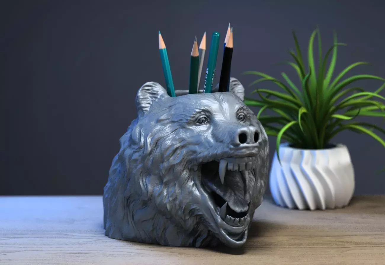 Bear head pen holder Wild bear pen holder 3D print model_0