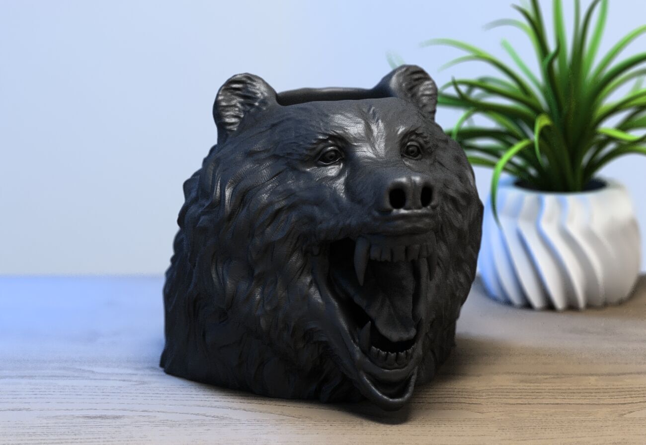 Bear head pen holder Wild bear pen holder 3D print model_3