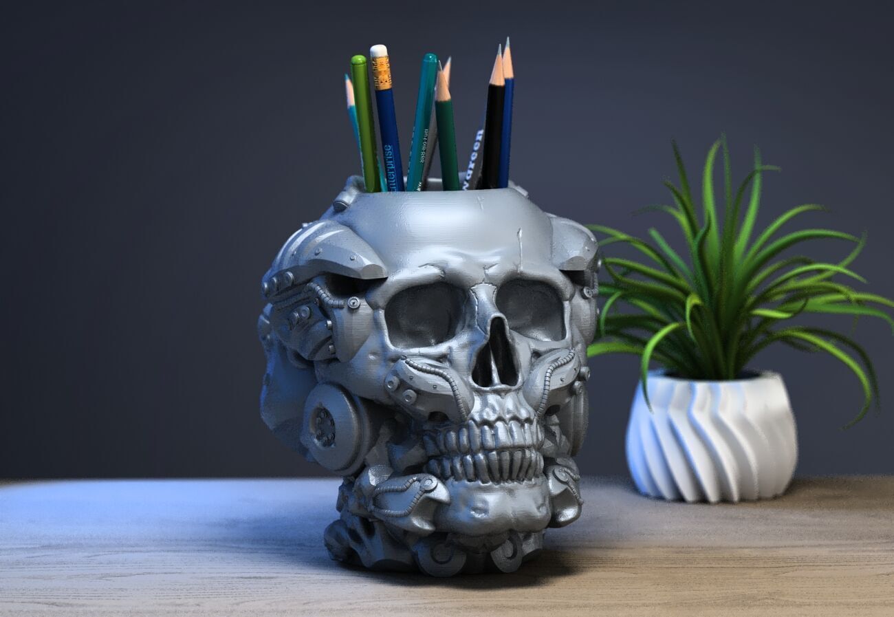 Robot Skull pen holder Cyborg pen holder 3D print model_1