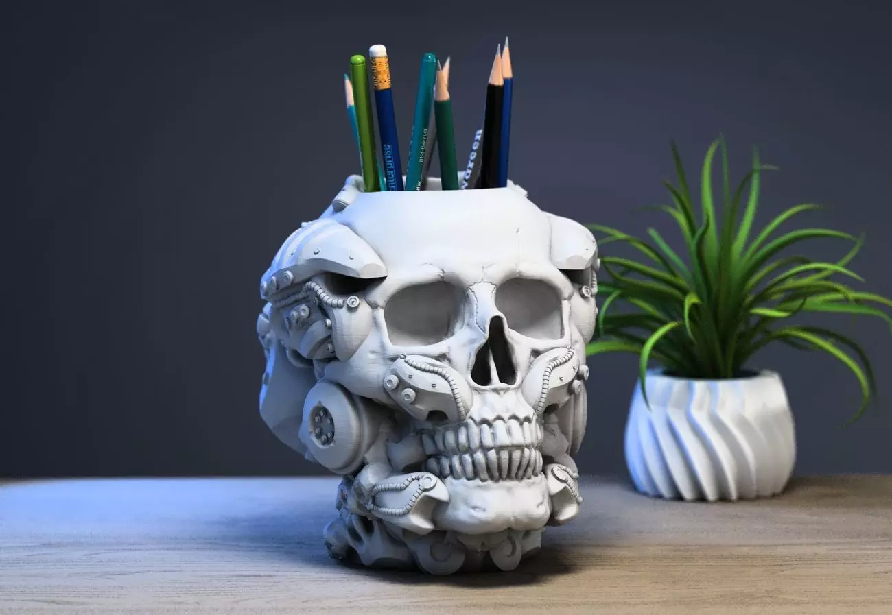 Robot Skull pen holder Cyborg pen holder 3D print model_0