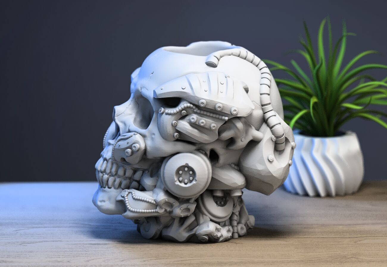 Robot Skull pen holder Cyborg pen holder 3D print model_3