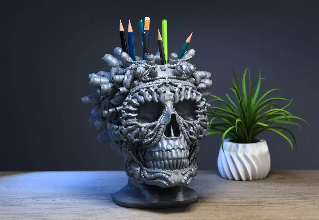 Robot Skull pen holder Cyborg pen holder 3D print model_0