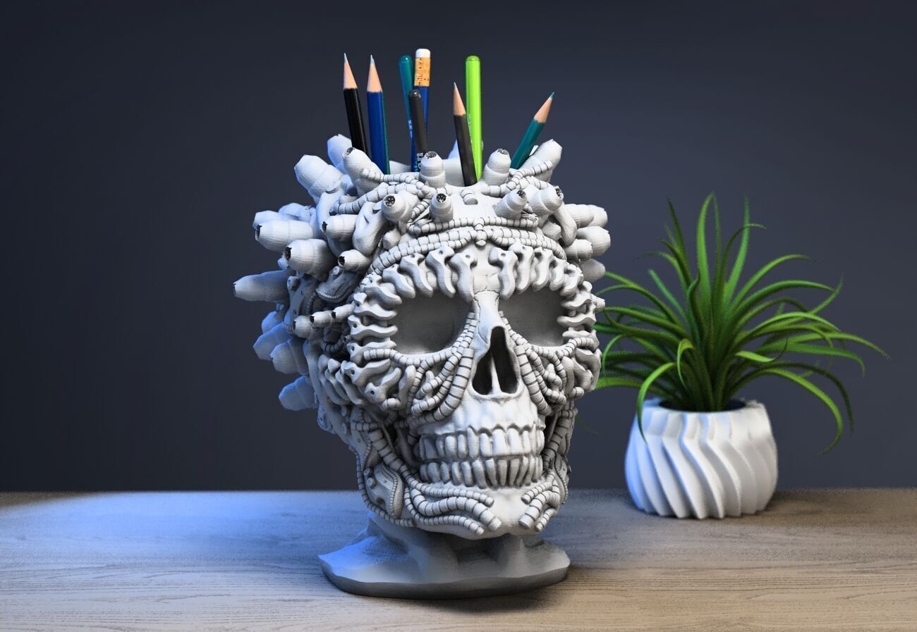Robot Skull pen holder Cyborg pen holder 3D print model_3