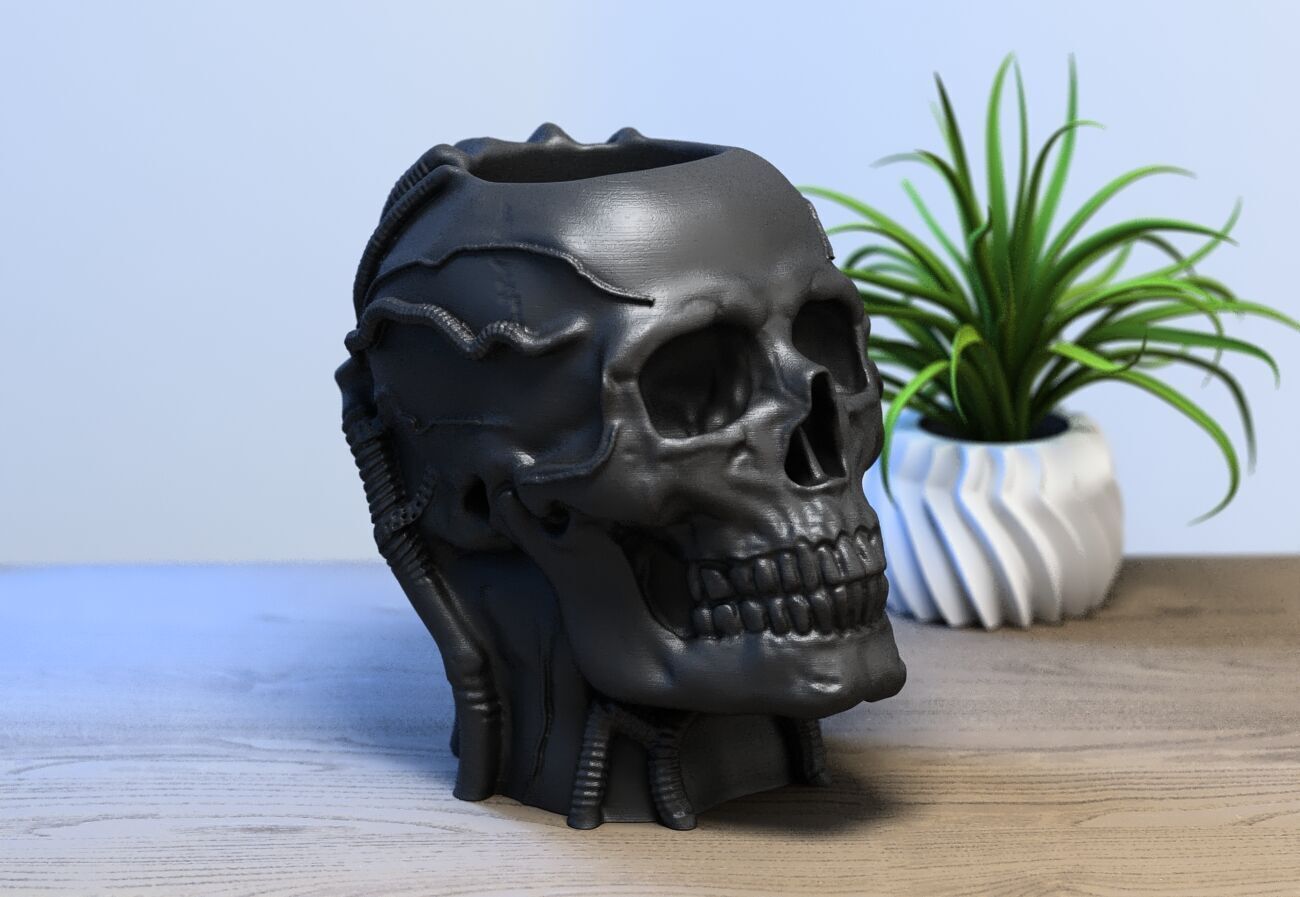 Robot Skull pen holder Cyborg pen holder 3D print model_3