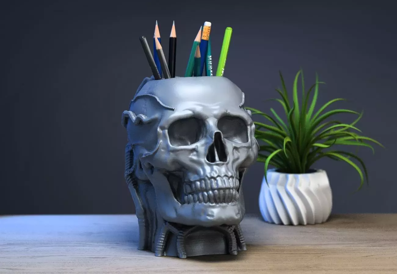 Robot Skull pen holder Cyborg pen holder 3D print model_0
