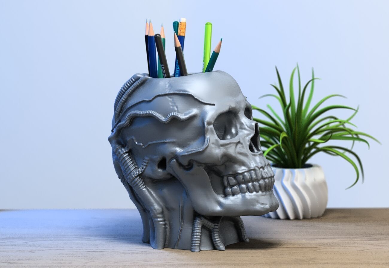 Robot Skull pen holder Cyborg pen holder 3D print model_1