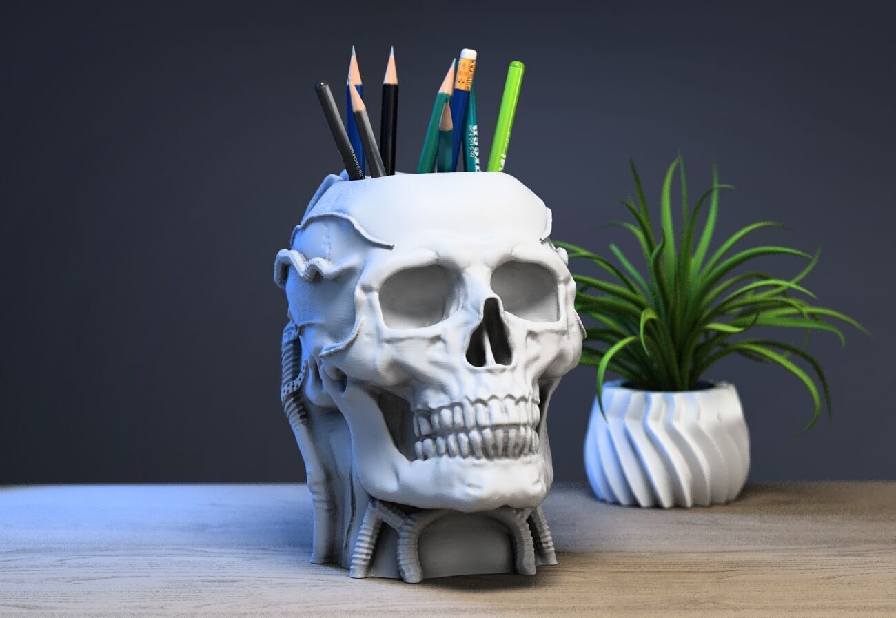 Robot Skull pen holder Cyborg pen holder 3D print model_2