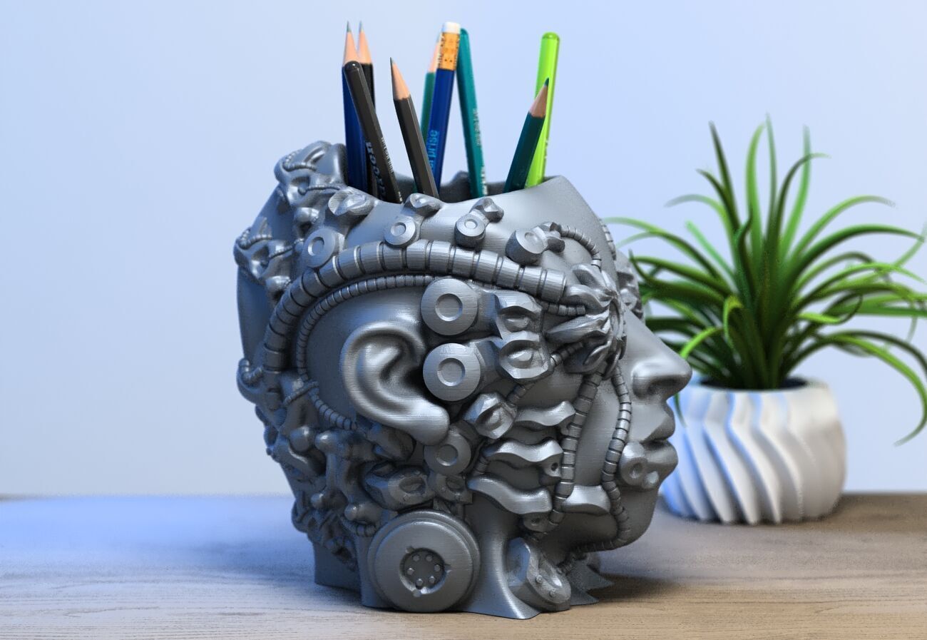 robot human head pen holder Robot human bust pen holder 3D print model_1