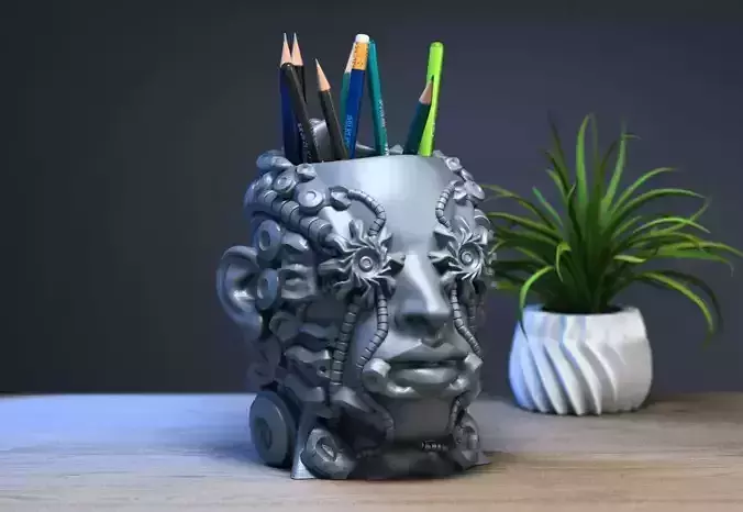 robot human head pen holder Robot human bust pen holder 3D print model