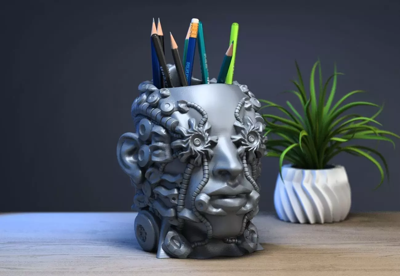 robot human head pen holder Robot human bust pen holder 3D print model_0