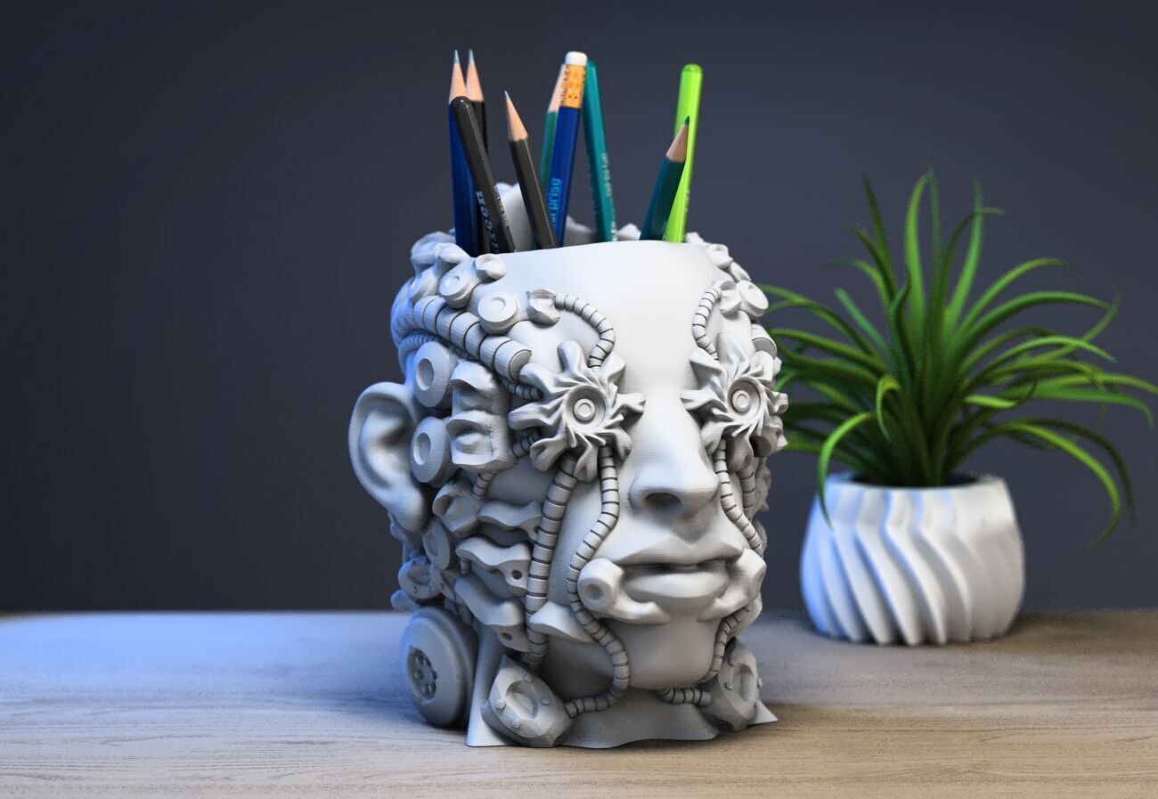 robot human head pen holder Robot human bust pen holder 3D print model_3