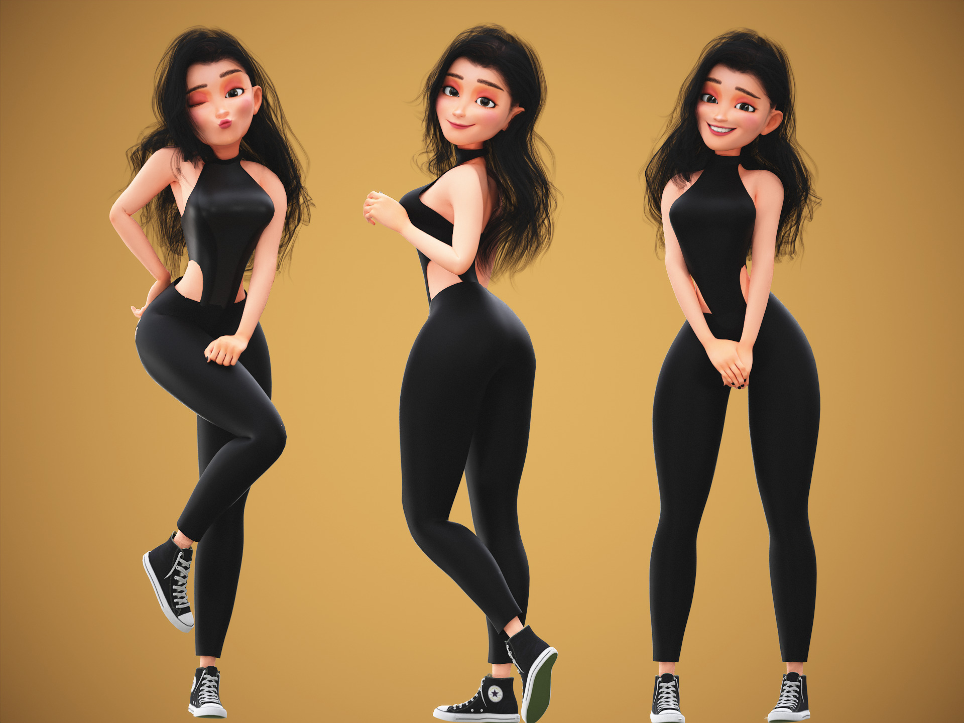 Game Cartoon Emma Girl Character rigged Low-poly 3D model_7