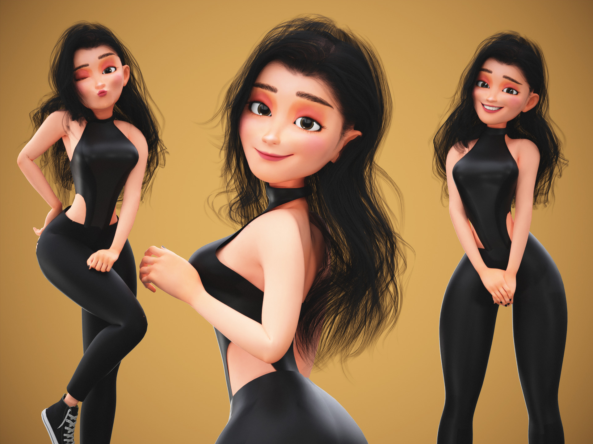 Game Cartoon Emma Girl Character rigged Low-poly 3D model_8