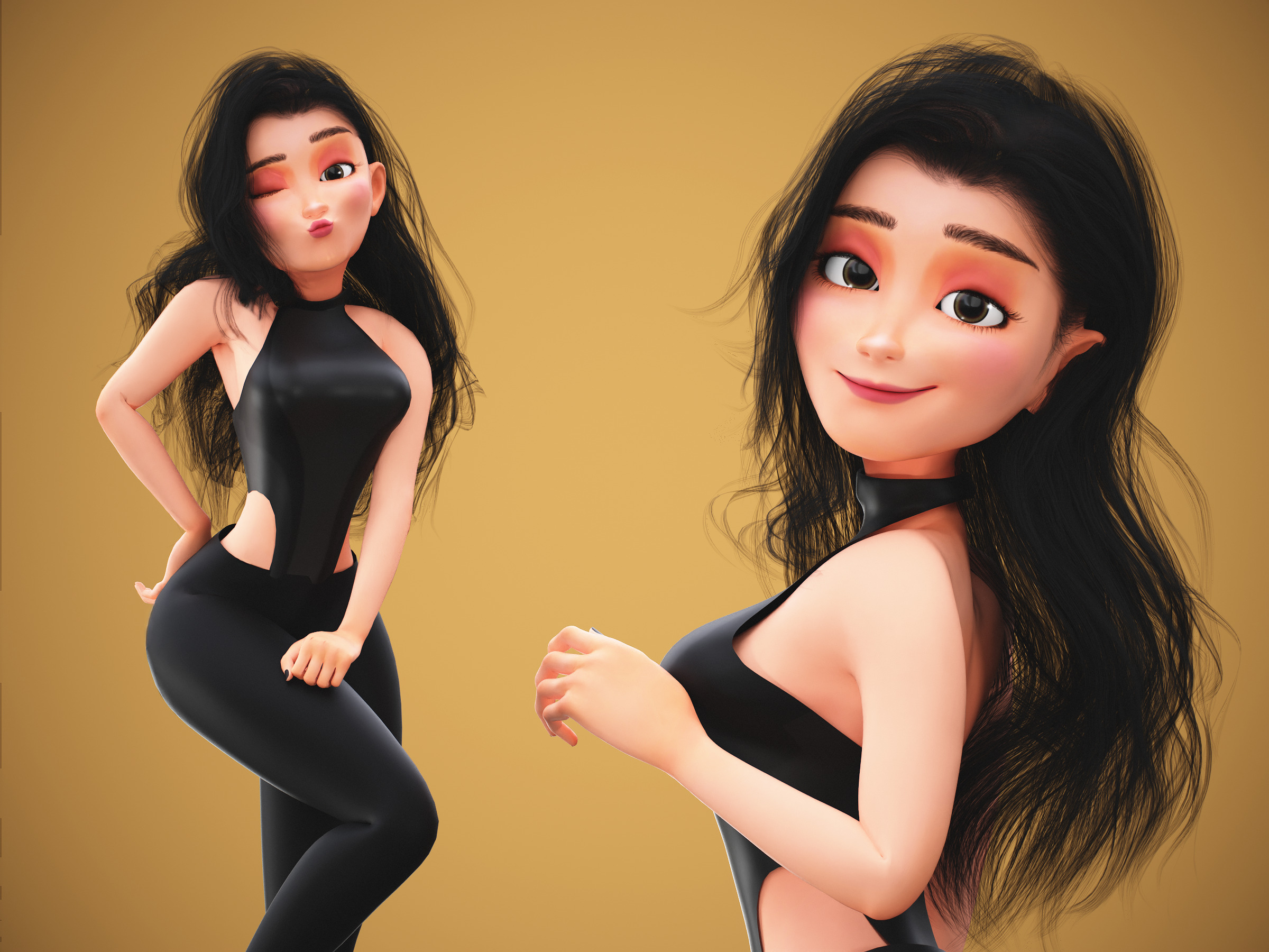 Game Cartoon Emma Girl Character rigged Low-poly 3D model_2