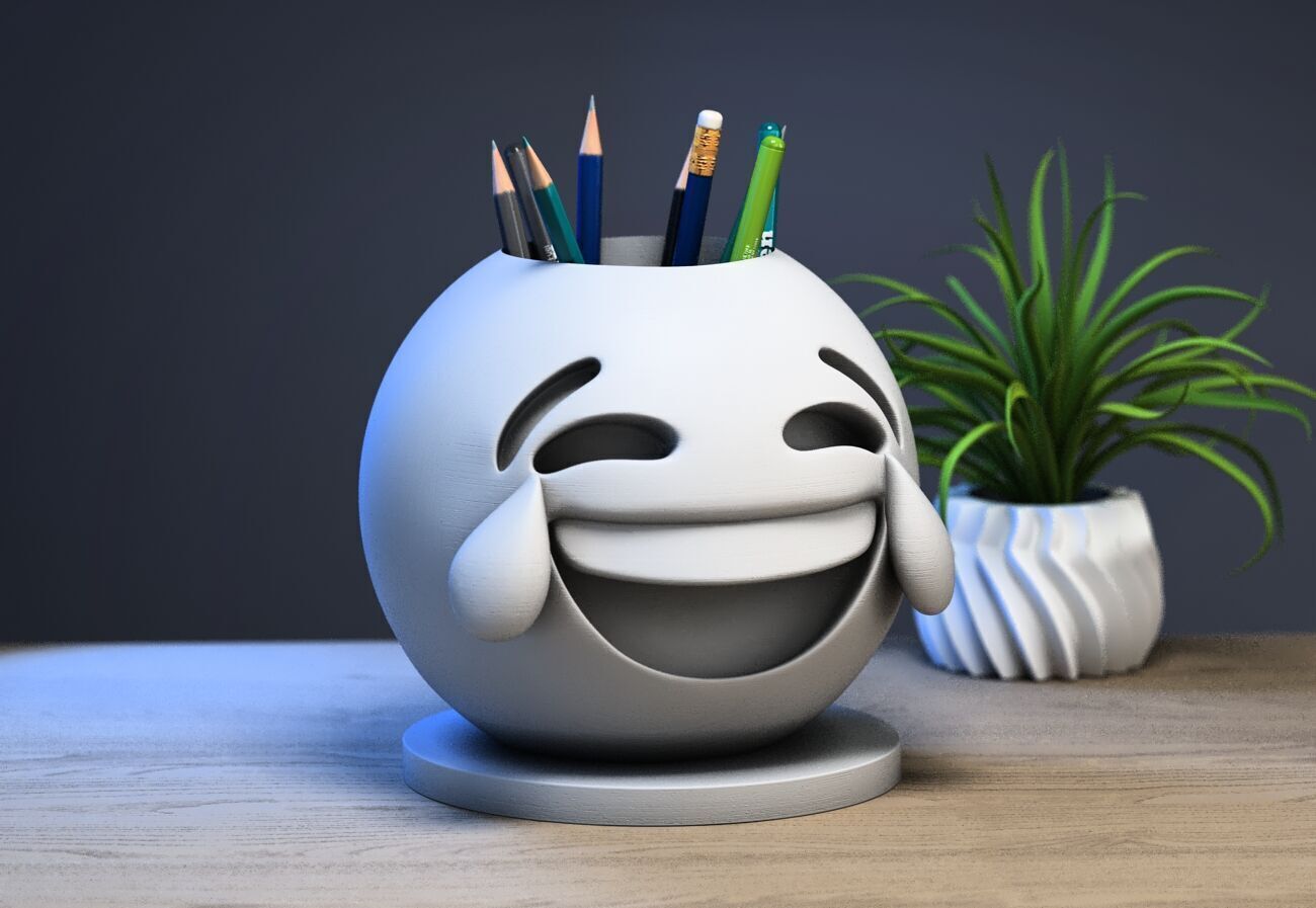 Emoji face with tears of joy Emoji pen holder 3D print model_1