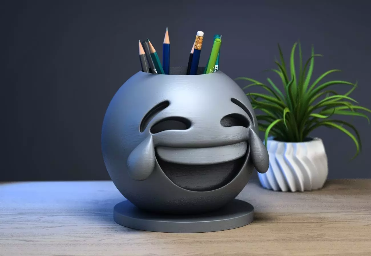 Emoji face with tears of joy Emoji pen holder 3D print model_0