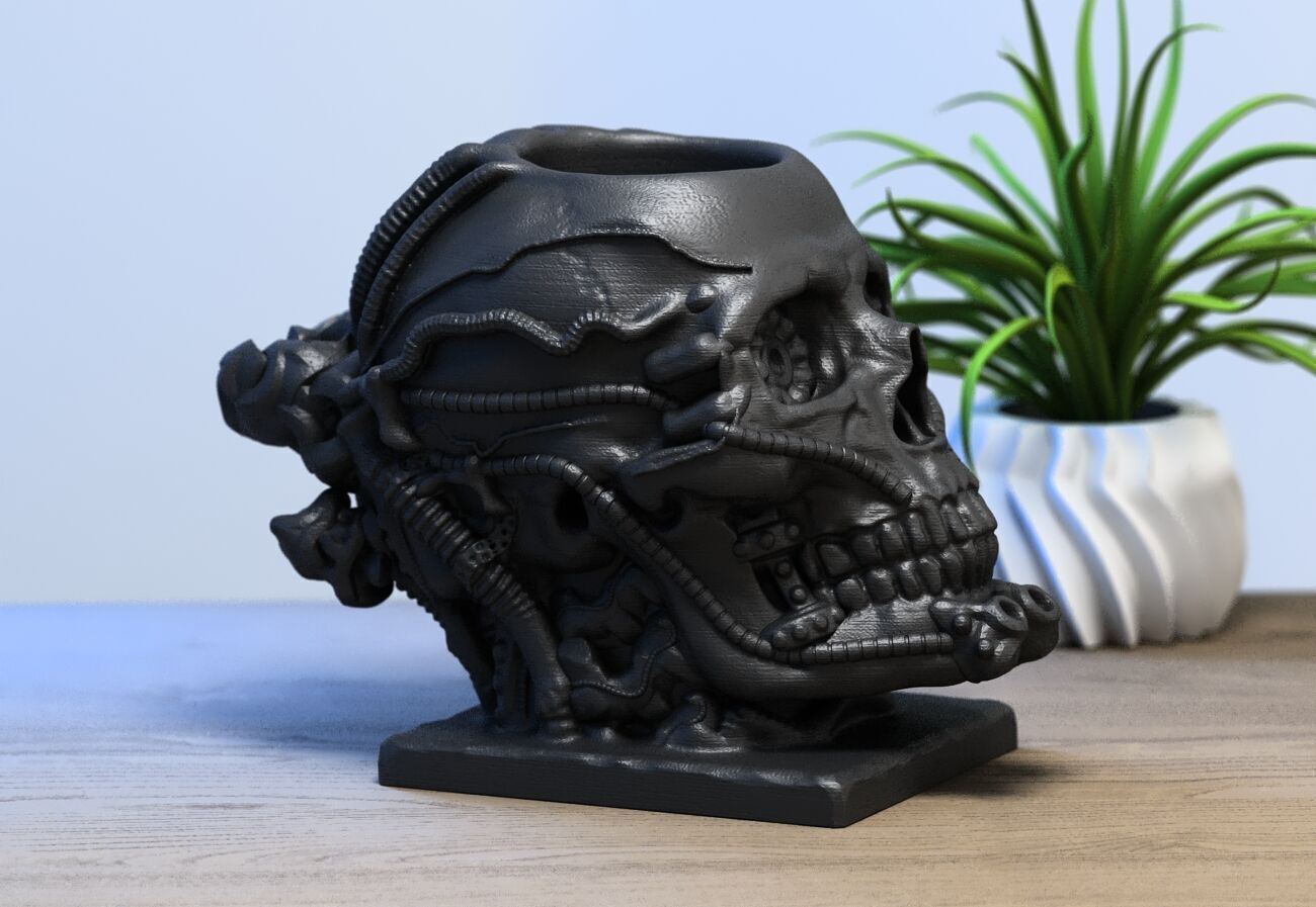 Skull robot pen holder Cyborg pen holder 3D print model_3