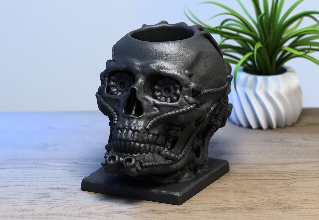 Skull robot pen holder Cyborg pen holder 3D print model_4