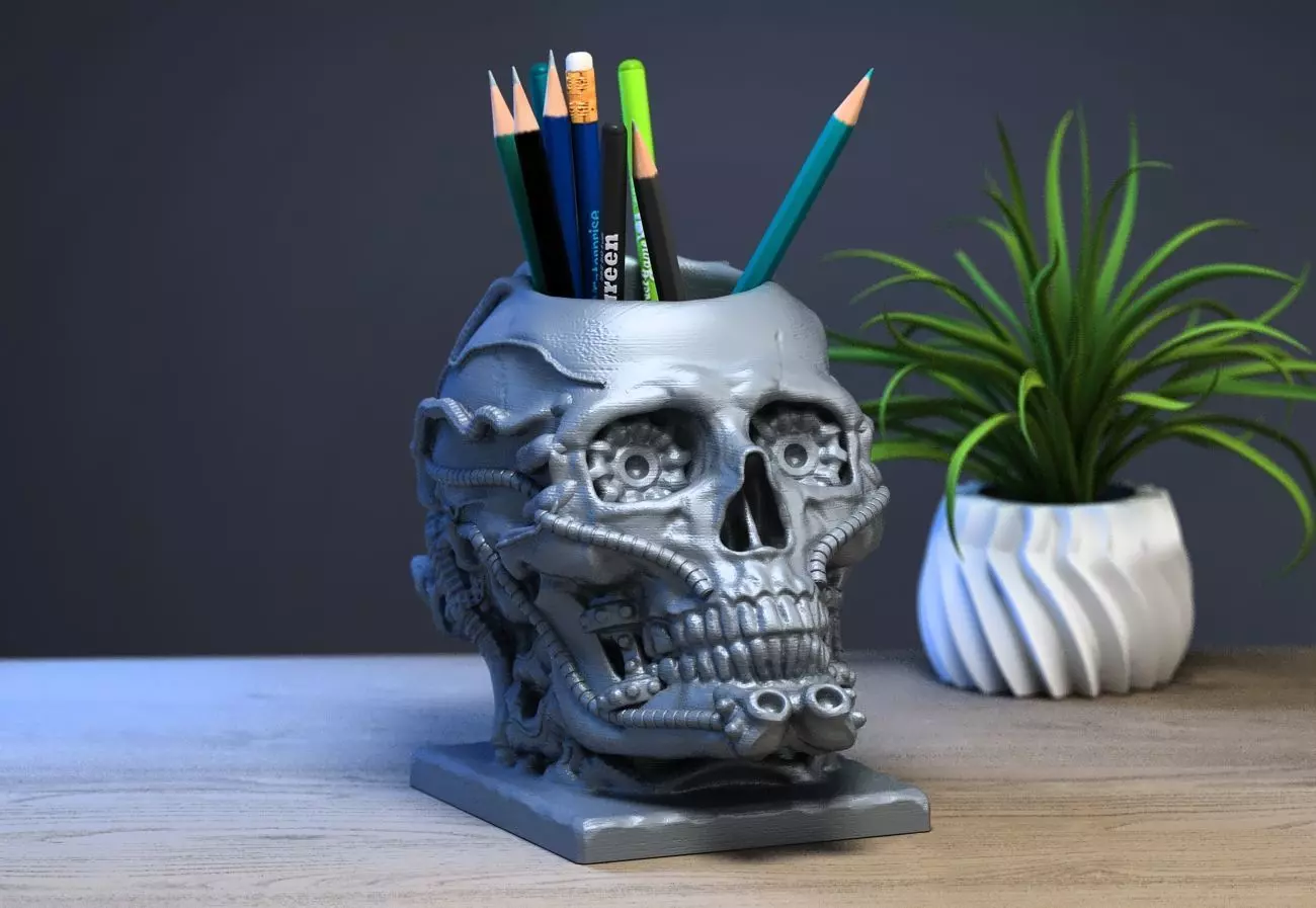 Skull robot pen holder Cyborg pen holder 3D print model_0
