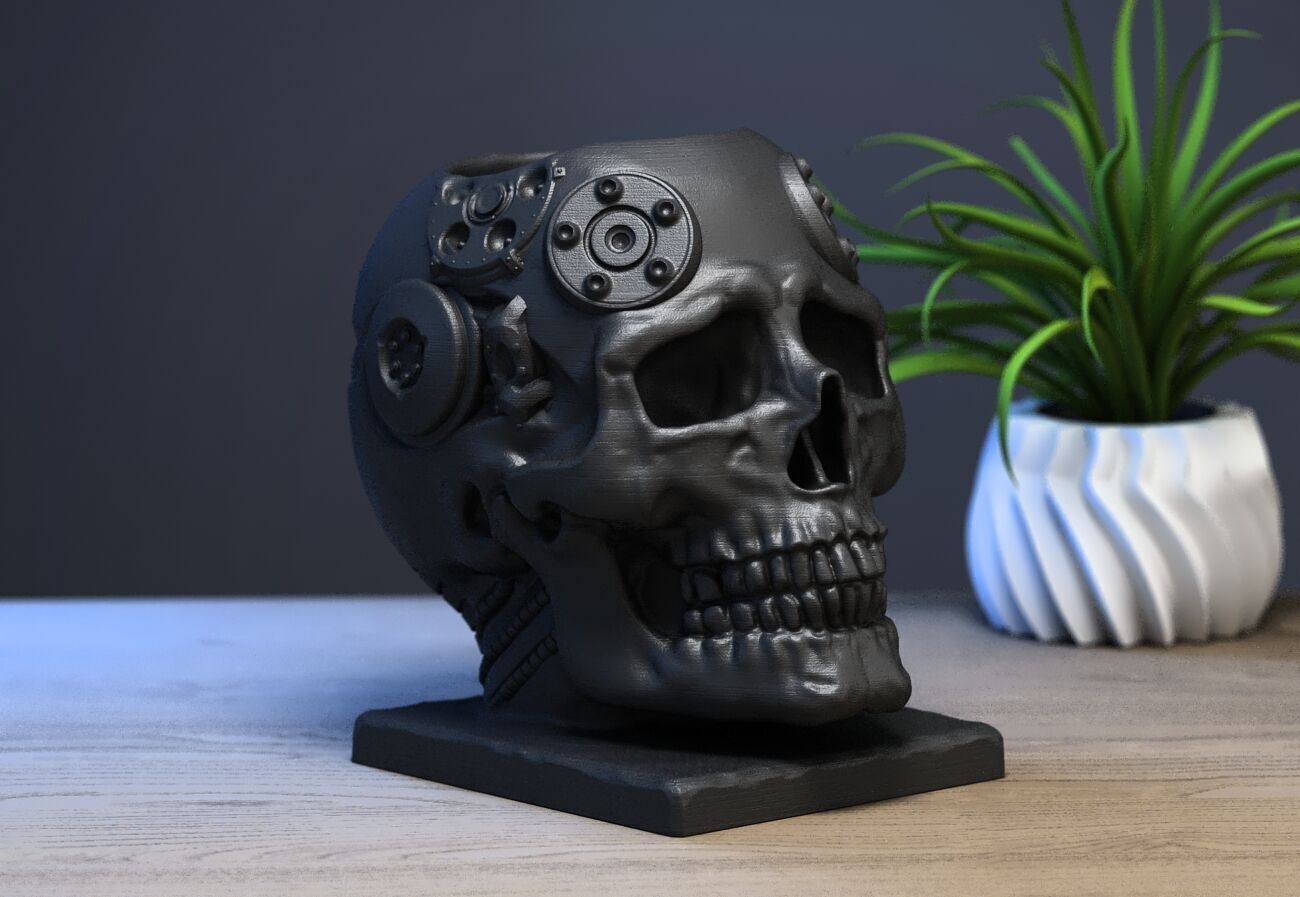 Skull robot pen holder Cyborg pen holder 3D print model_3