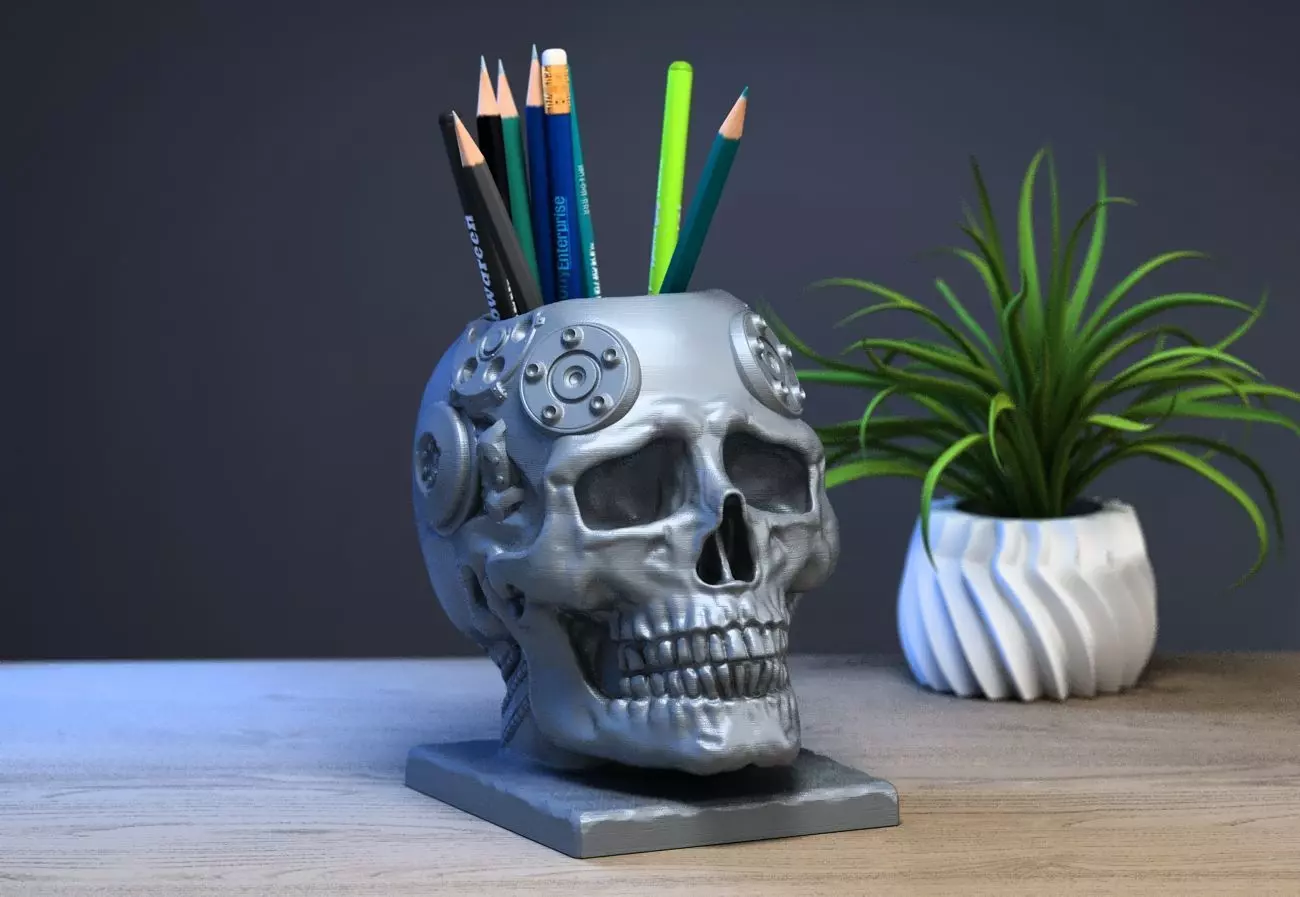 Skull robot pen holder Cyborg pen holder 3D print model_0