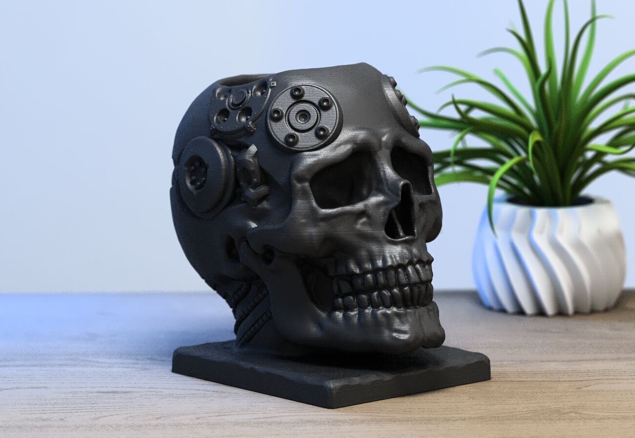 Skull robot pen holder Cyborg pen holder 3D print model_4