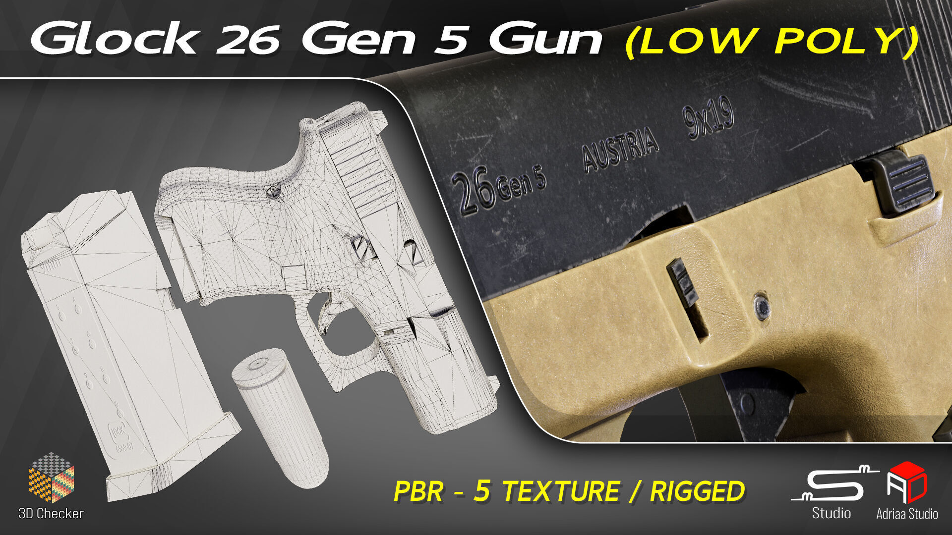 Glock 26 Gen 5 Gun and Rigged Low-poly 3D model_6