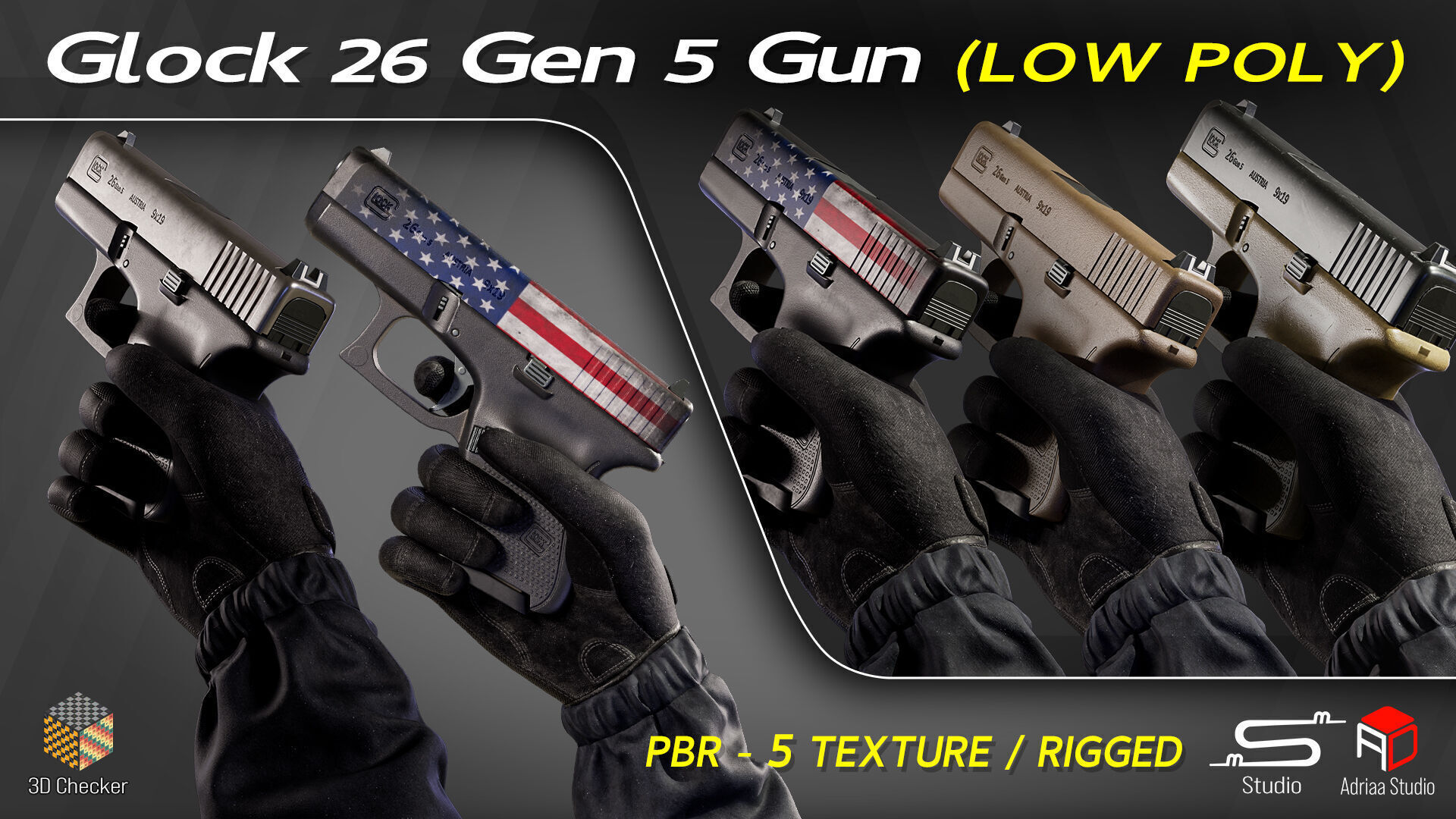 Glock 26 Gen 5 Gun and Rigged Low-poly 3D model_3