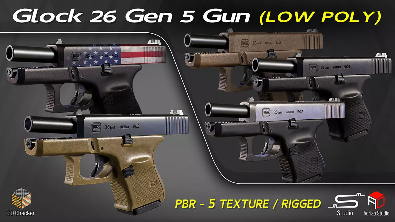Glock 26 Gen 5 Gun and Rigged Low-poly 3D model_0
