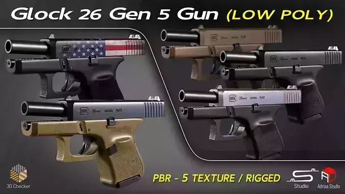Glock 26 Gen 5 Gun and Rigged Low-poly 3D model