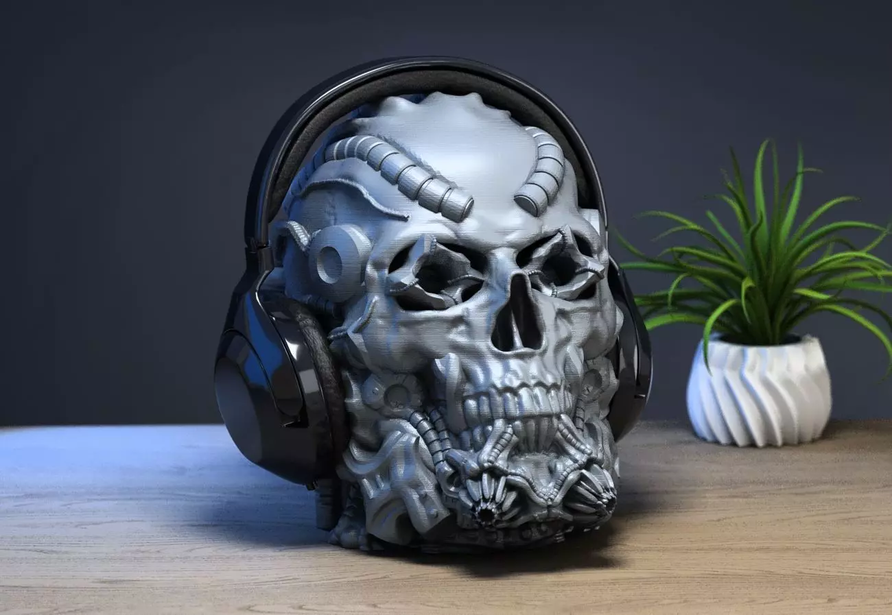 Robot Skull Headphone Stand Cyborg Headset Stand 3D print model_0