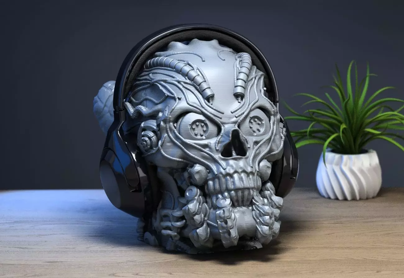 Robot Skull Headphone Stand Cyborg Headset Stand 3D print model_0