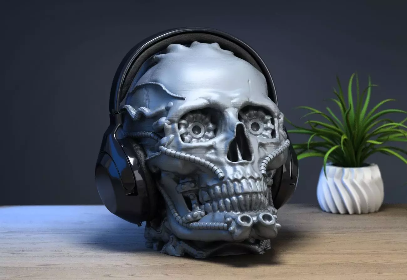 Robot Skull Headphone Stand Cyborg Headset Stand 3D print model_0